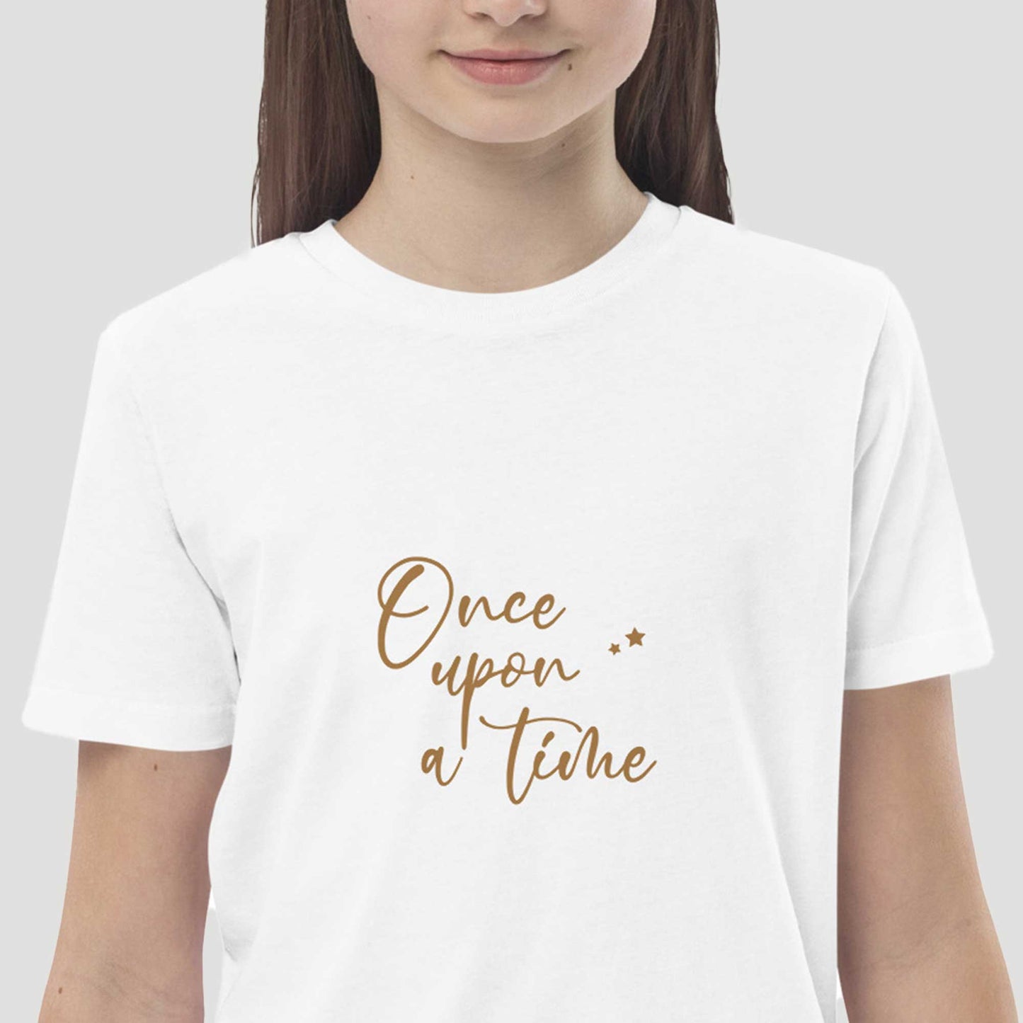 Close-up view of "Once upon a time" kids white organic tshirt