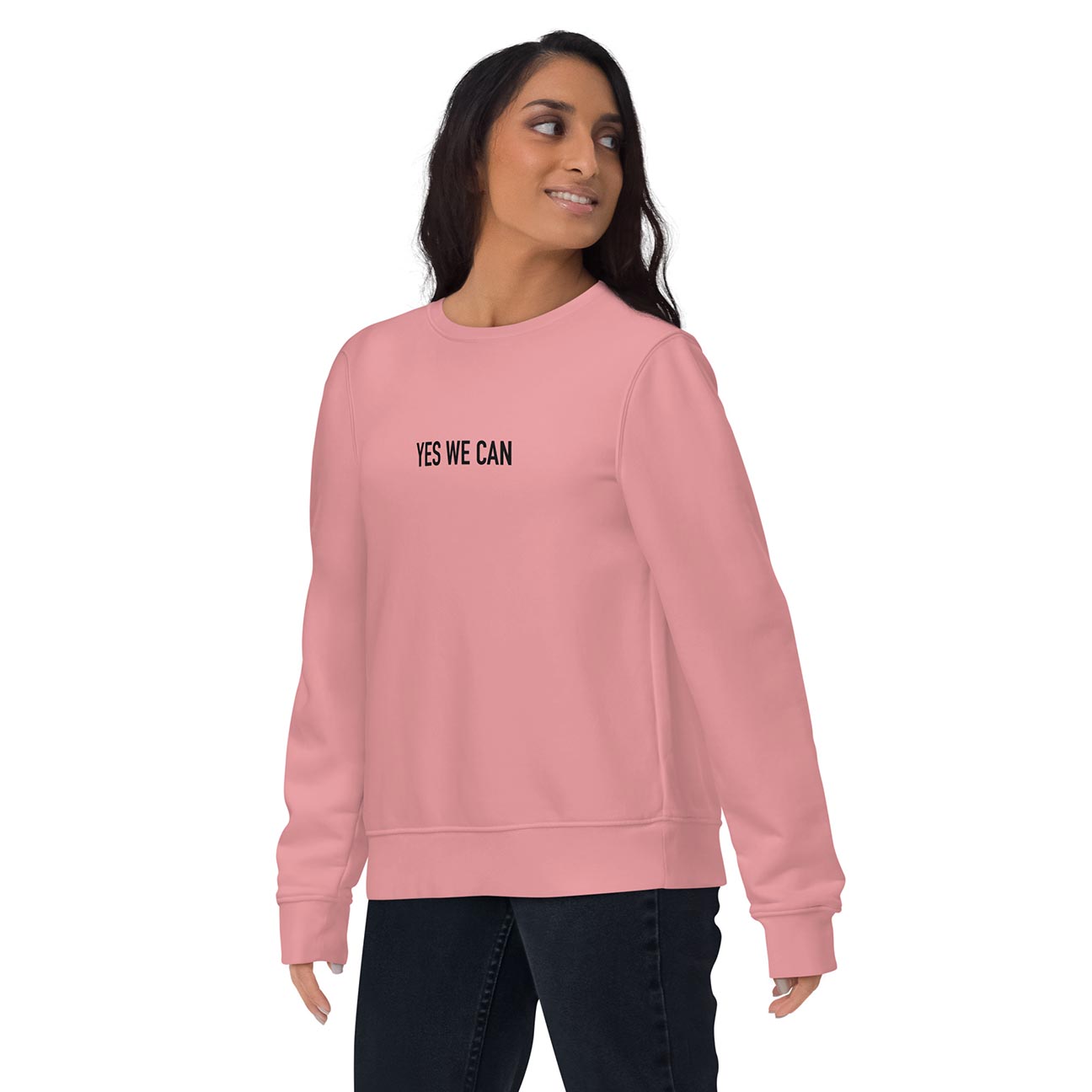 Women pink inspirational sweatshirt with Barack Obama's inspirational quote, "Yes We Can." 