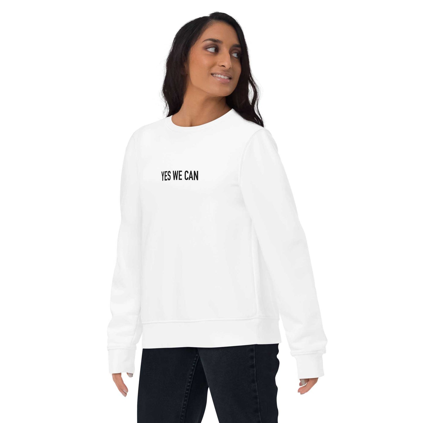 Women white sustainable sweatshirt with Barack Obama's inspirational quote, "Yes We Can." 