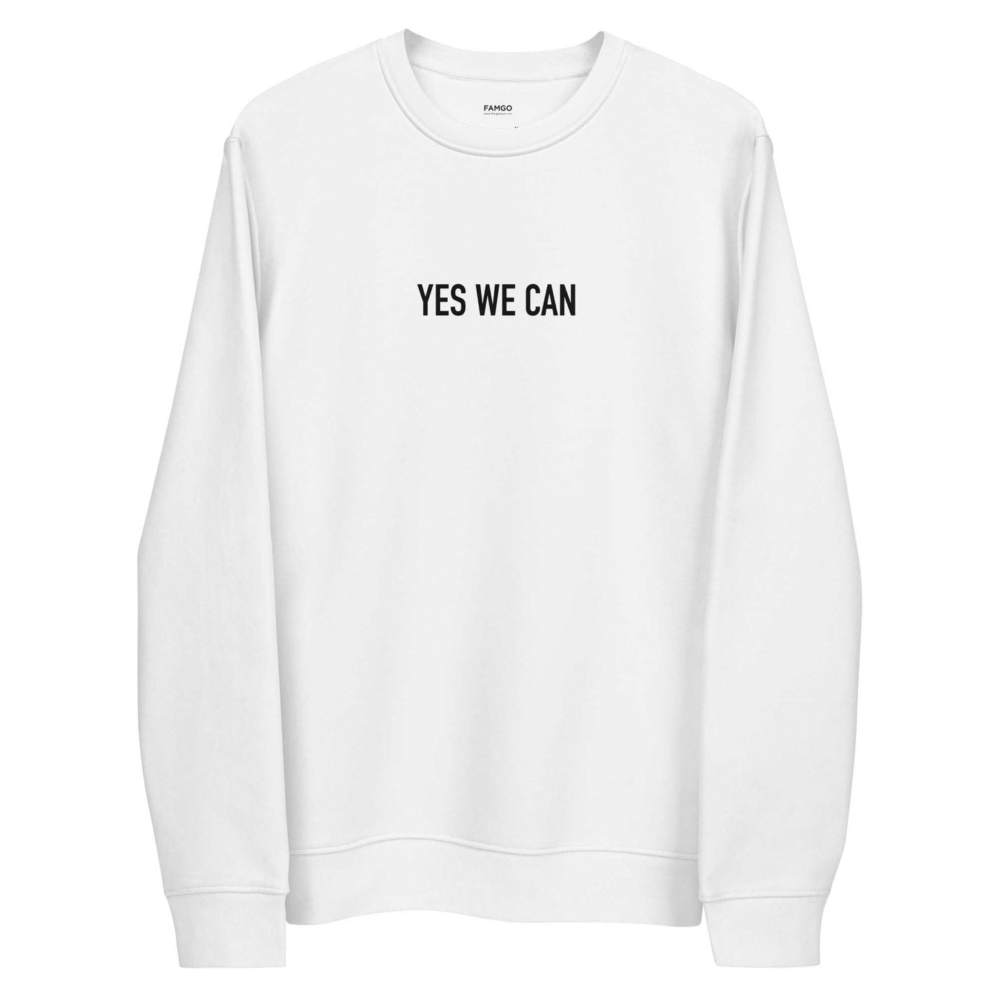 Women white positive sweatshirt with Barack Obama's inspirational quote, "Yes We Can." 