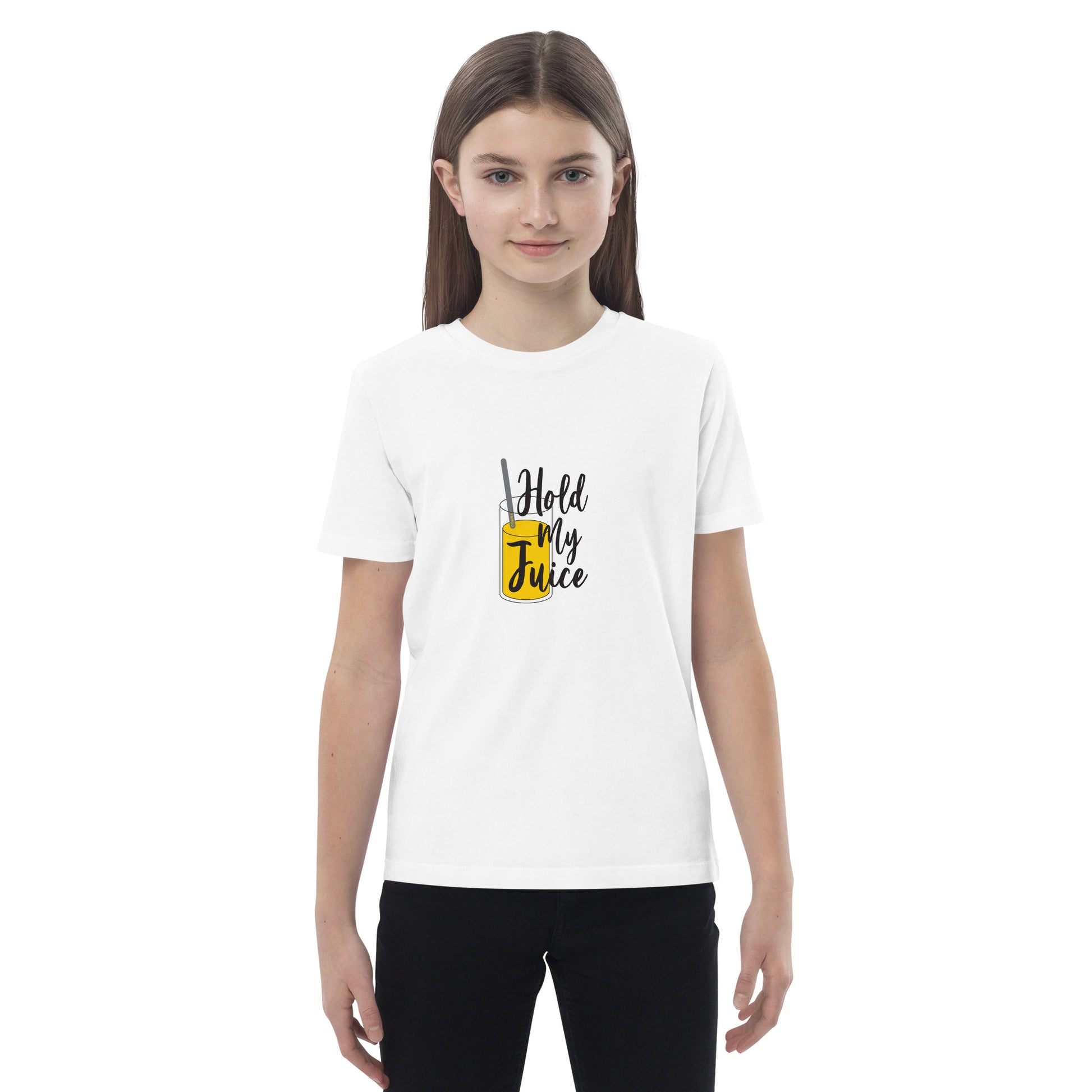 A child wearing a "Hold My Juice" white organic tshirt